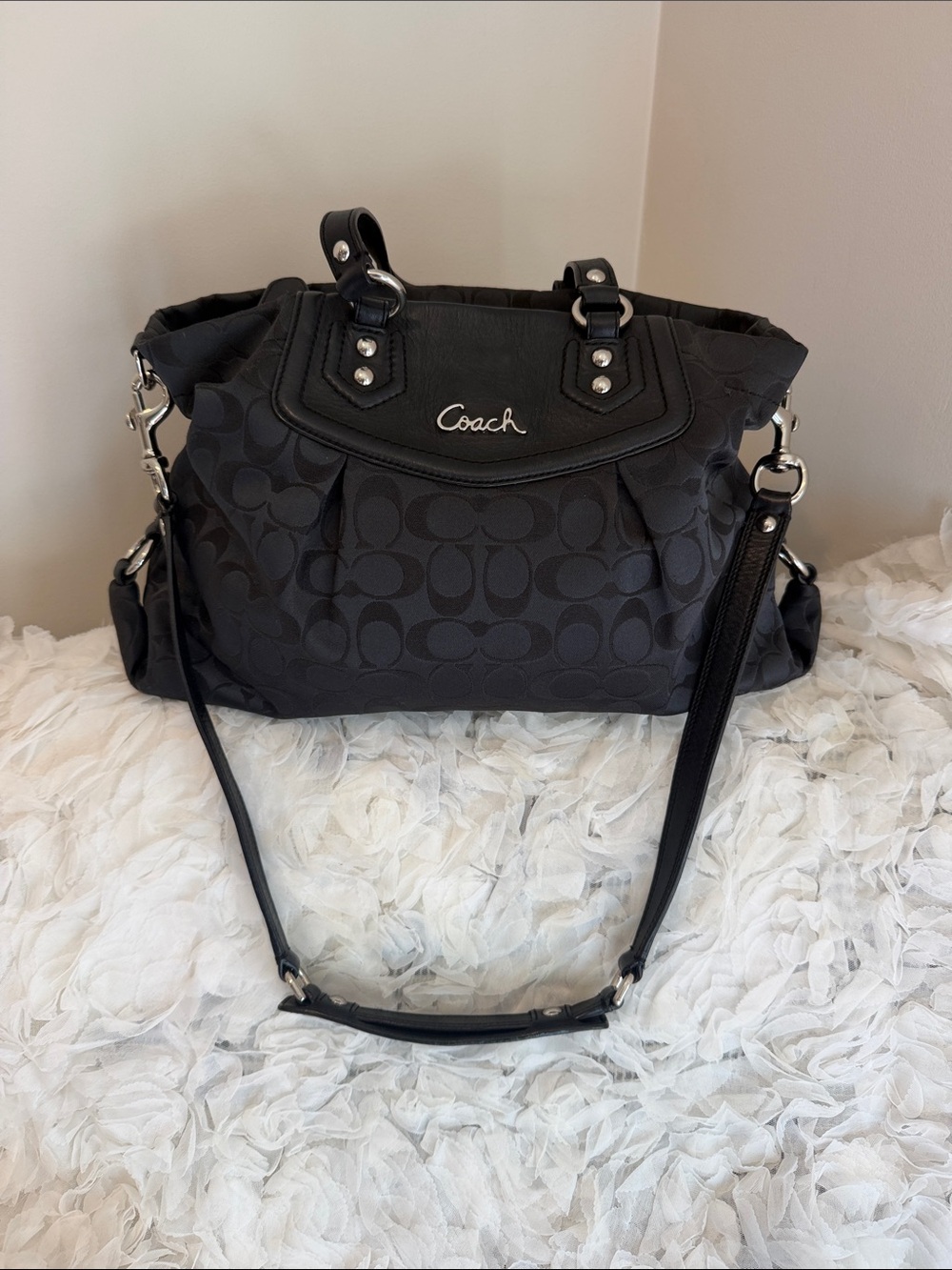 Coach Black Signature Jacquard Shoulder Bag with Silver Hardware